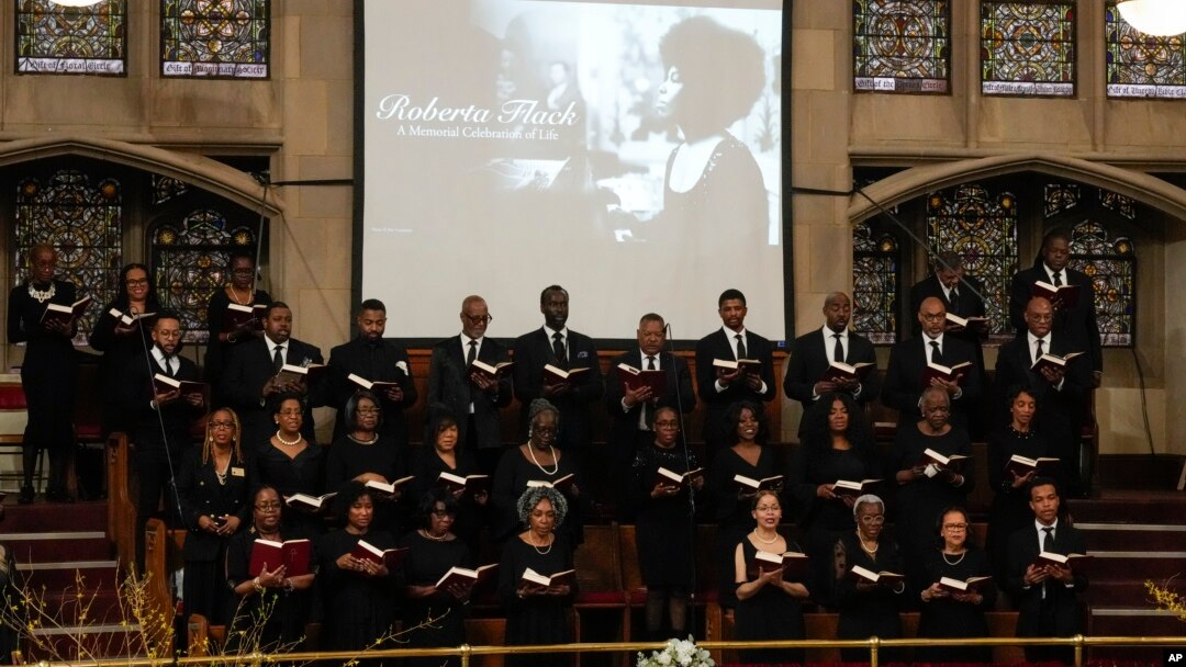 A choir performs during a ceremony in celebration of Roberta Flack's life at The Abyssinian Baptist Church, March 10, 2025, in New York.
