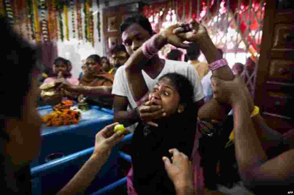 A Tamil Hindu priest pushes lemons into a female worshipper's mouth as she is in trance during a ritual for the festival of Thaipusam in a temple in New Delhi, India, Friday, Feb. 10, 2012. Thaipusam, an annual festival that celebrates the victory of good