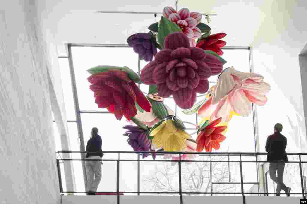 Korean artist Choi Jeong Hwa&#39;s work &#39;Flower Chandelier&#39; is on display in his exhibition &#39;Happy Together&#39; at the Museum of Contemporary Art Kiasma in Helsinki, Finland.