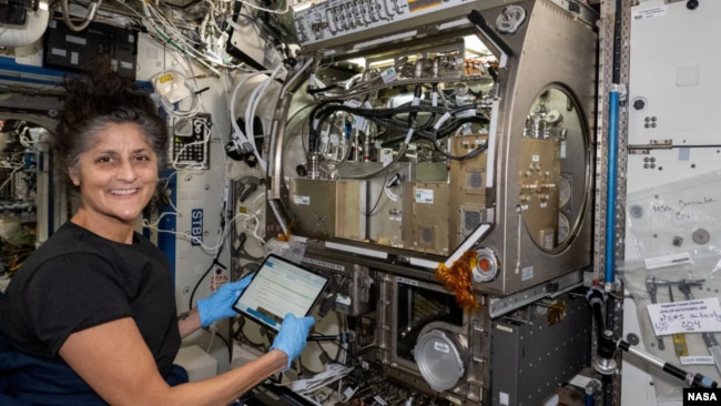 NASA astronaut Suni Williams installs the Packed Bed Reactor Experiment inside the International Space Station's Microgravity Science Glovebox. (NASA)