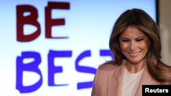 U.S. first lady Melania Trump hosts an interagency working group to discuss youth programs that line up with her Be Best campaign in the State Dining Room at the White House in Washington, March 18, 2019. 