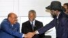 Sudan's President Omar Hassan al-Bashir (L) shakes hands with South Sudan's President Salva Kiir as African Union mediator and former South African leader Thabo Mbeki looks on. Bashir is due to pay his first visit to South Sudan since the two Sudans split.