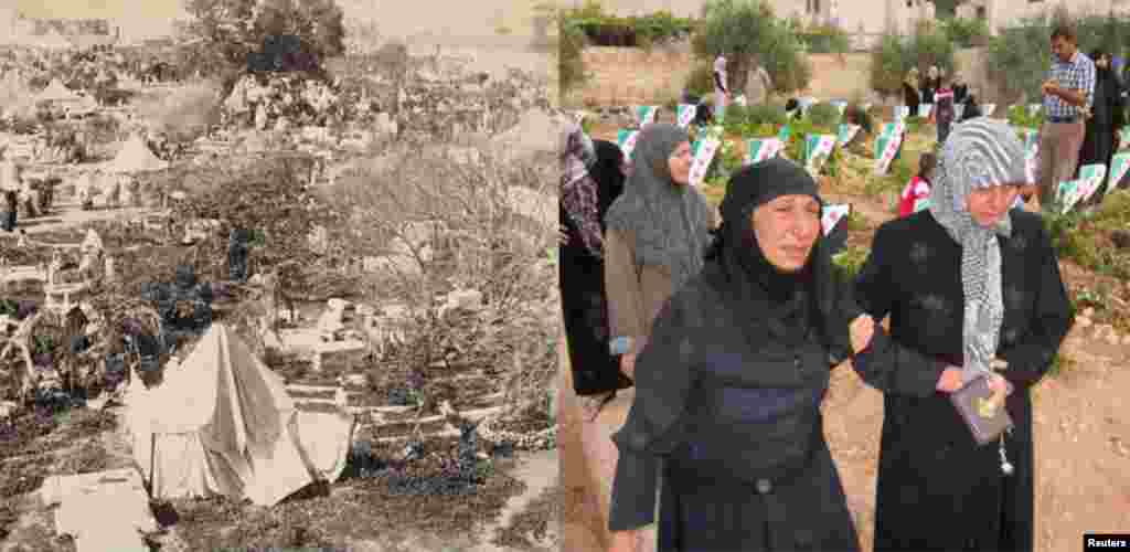 Eid Al-Fitr, which marks the end of Ramadan (L) Eid al-Fitr festivities in cemetery, Jaffa, 1897, Library of Congress. (R) Homs residents visiting a cemetery during Eid al-Fitr, 19 Aug. 2012. Reuters/SHAAM.