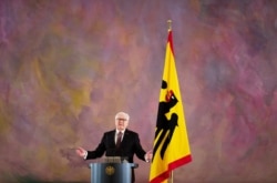 German President Frank-Walter Steinmeier addresses the media at his residence Bellevue Palace in Berlin, Germany, Friday, May 28, 2021. German President Frank-Walter Steinmeier announces he will seeks for a second term.