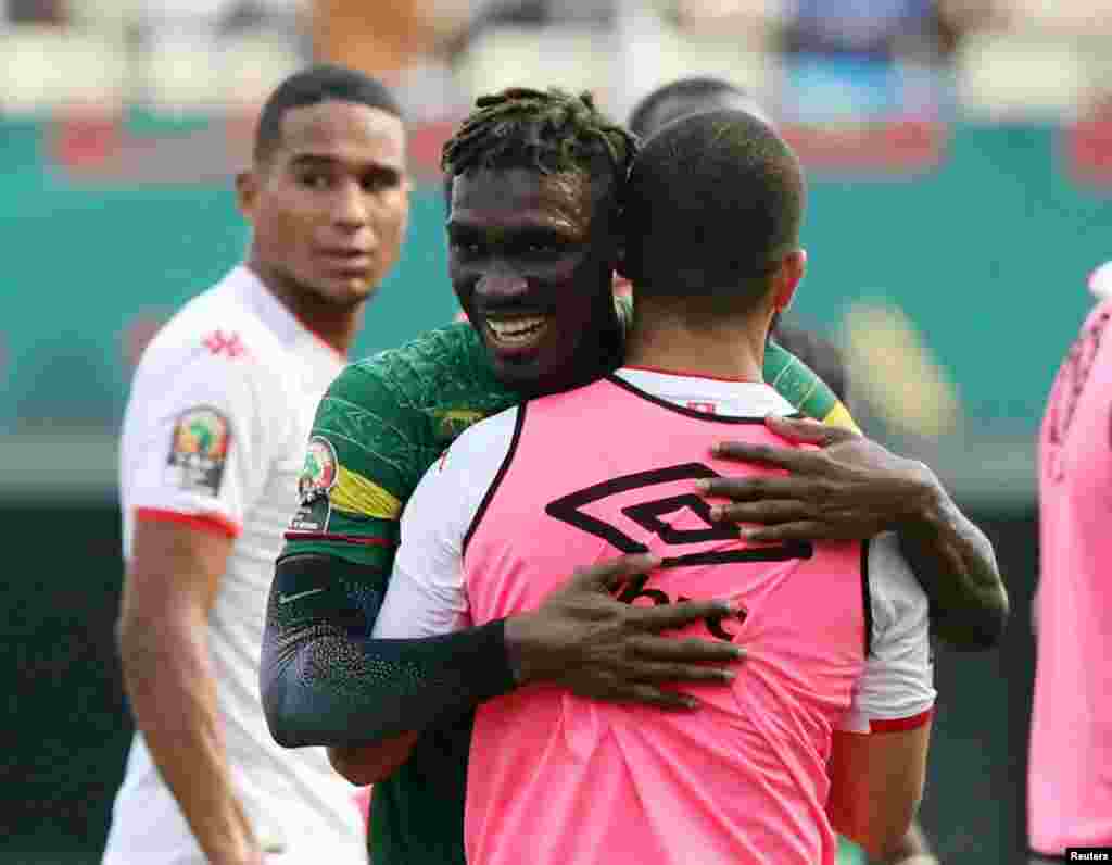 Mali&#39;s Yves Bissouma celebrates after the match.