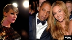 Taylor Swift (à gauche) est la grande absente de la liste des nominations aux Grammy Awards, alors Jay-Z a été sélectionné huit fois, ce qui pourrait lui permettre de passer devant son épouse Beyoncé (à gauche) au nombre des victoires.