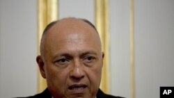 FILE - Egypt's Foreign Minister Sameh Shoukry speaks during a press conference on Sept. 17, 2019, in Cairo. 