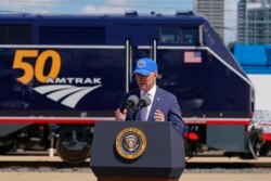 President Joe Biden speaks during an event to mark Amtrak's 50th anniversary at 30th Street Station in Philadelphia, April 30, 2021.