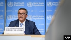 FILE - World Health Organization Director-General Tedros Adhanom Ghebreyesus speaks during a briefing at WHO headquaters in Geneva, Switzerland, March 2, 2020.