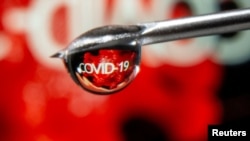 FILE - The word "COVID-19" is reflected in a drop on a syringe needle in this illustration