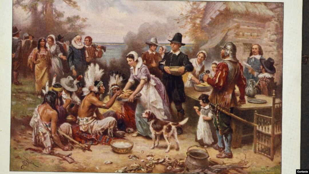 Cuadro que ilustra la primera comida Acción de Gracias, pintado por J.L.G. Ferris en 1863. Cortesía de la Biblioteca del Congreso. 
