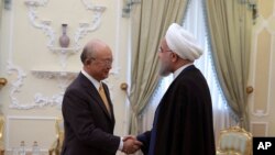 Direktè Enèji Atomik Nasyon Zini an, Yukiya Amano, kap bay lanmen ak Prezidan Iran an, Hassan Rouhani nan Teheran, Iran 29 oktèb 2017. 