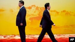 亚太经合组织峰会的欢迎仪式上，日本首相安倍（右）从中国国家主席习近平身边走过（资料照）