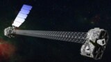 Artist's concept of NuSTAR on orbit that shows its 1- meter mast that separates the optics modules (right) from the detectors in the focal plane (left). (NASA)