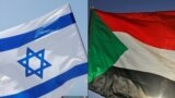 This combination of pictures created on Oct. 23, 2020 shows an Israeli flag, left, during a rally in the coastal city of Tel Aviv on Sept.19, 2020; and a Sudanese flag during a gathering east of the capital Khartoum on June 3, 2020.