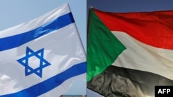 This combination of pictures created on Oct. 23, 2020 shows an Israeli flag, left, during a rally in the coastal city of Tel Aviv on Sept.19, 2020; and a Sudanese flag during a gathering east of the capital Khartoum on June 3, 2020.