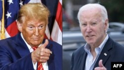 TOPSHOT - (COMBO) This combination of pictures created on March 06, 2024 shows
former US President and Republican presidential hopeful Donald Trump in Clinton, Iowa, on January 6, 2024 and US President Joe Biden in Rehoboth Beach, Delaware, on November 4,