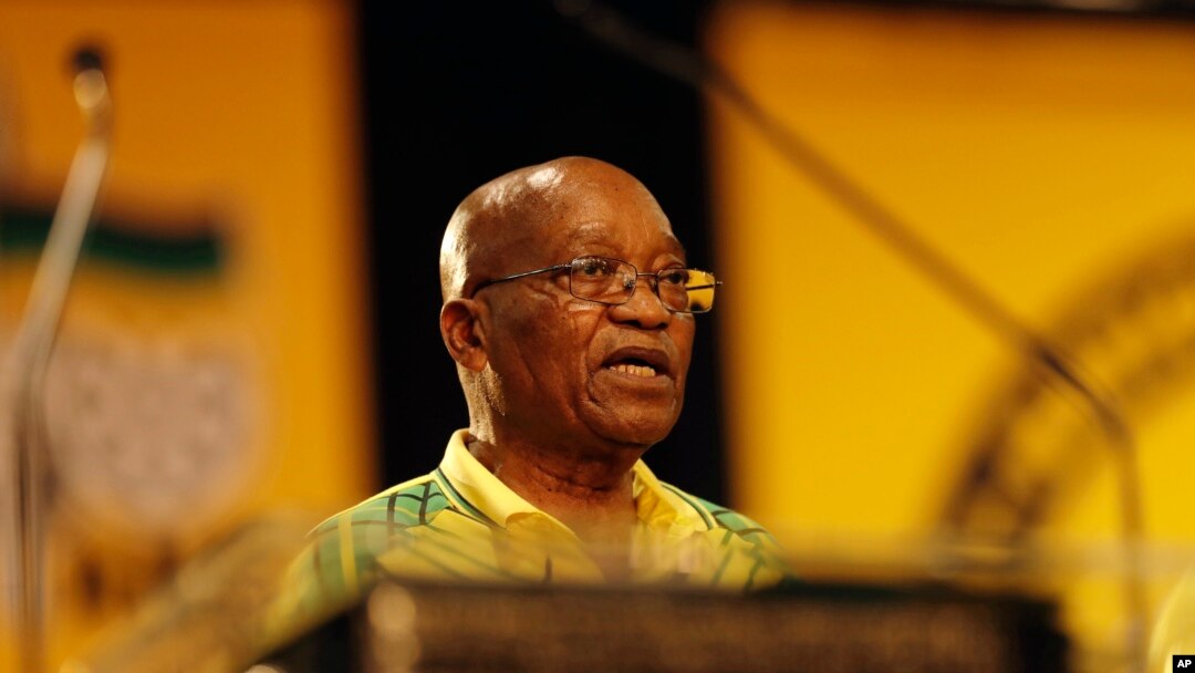 FILE - South African President Jacob Zuma addresses delegates at the delayed start of the African National Congress elective conference in Johannesburg, Dec. 16, 2017. 