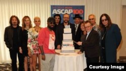 ASCAP artists celebrate its 100th birthday. Left to right: Black Sabbath's Geezer Butler, Jessi Alexander, Goapele, Jermaine Dupri, Black Sabbath's Tony Iommi, Desmond Child, Narada Michael Walden, Claudia Brant, Paul Williams, Jon Lind and Ozzy Osbourne.
