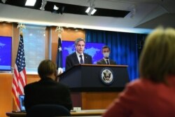 토니 블링컨 미 국무장관이 지난 3월 국무부 청사에서 기자들에게 '2020 국가별 인권보고서'에 대해 설명하고 있다.