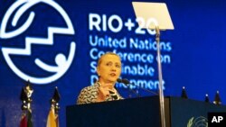 U.S. Secretary of State Hillary Clinton delivers remarks at the Rio+20 conference. 