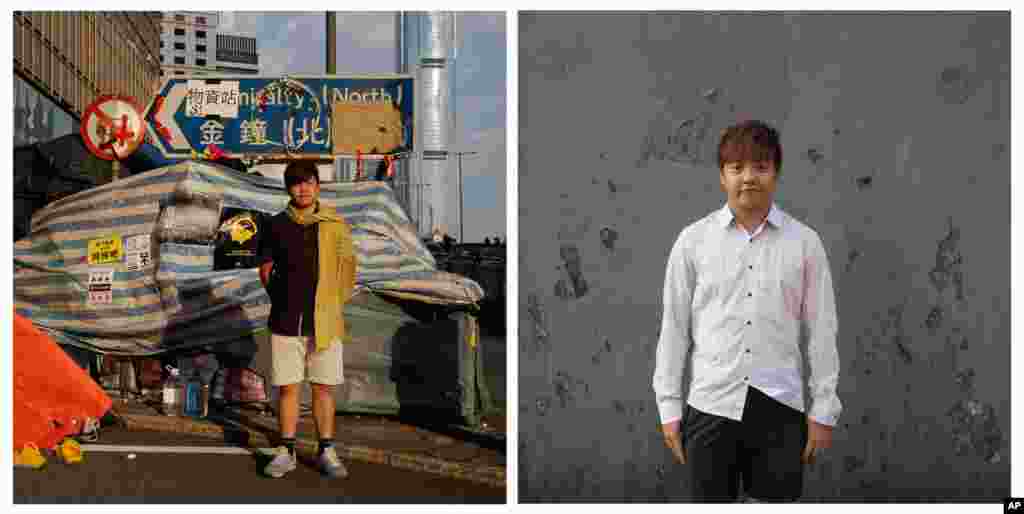 This combination of photos, Kelvin Lee, then a student studying aviation management,&nbsp;(l) posing for a portrait in front of a makeshift tent on a main road in an occupied area near government headquarters in Hong Kong on Oct. 10, 2014, Lee, now a graduated student, (r) posing for a portrait near a subway station almost one year later on Sept. 25, 2015.