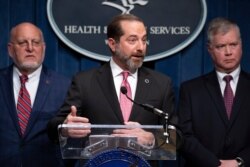 Members of President Trump's Coronavirus task force, from left, Director of the CDC and Prevention Robert Redfield, Health and Human Services Secretary Alex Azar, Deputy Secretary of State Stephen Biegun on Feb. 7, 2020 at a news conference.