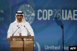 FILE - COP28 president Sultan Ahmed Al Jaber speaks during the Transforming Food Systems in the Face of Climate Change event on the sidelines of the COP28 climate summit at Dubai Expo on December 1, 2023.