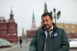 FILE - Italy's Lega leader Matteo Salvini speaks to the media near Red Square outside the Kremlin in Moscow, Russia, Nov. 18, 2016.