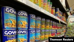 FILE - Goya products are pictured in the specialty food isle at a Ralphs grocery store in Pasadena, Goya products are pictured in the specialty food isle at a Ralphs grocery store in Pasadena, California, July 10, 2020.