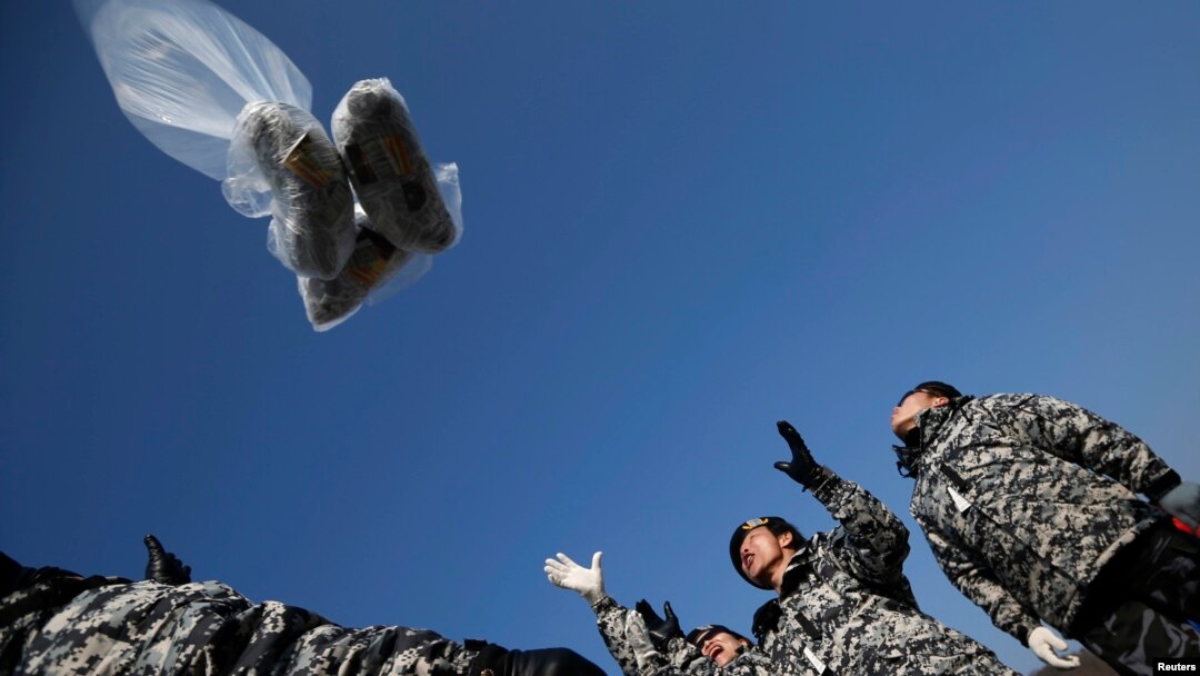 Former North Korean defectors who were soldiers when they lived in North Korea release a balloon containing $1 banknotes, radios, CD and leaflets denouncing the North Korean regime towards the north near the demilitarized zone, which separates the two Koreas, in Paju, north of Seoul, Jan. 15, 2014. 