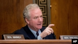 FILE - Sen. Chris Van Hollen, D-Md., questions a witness on Capitol Hill in Washington, Jan. 16, 2019. Van Hollen told VOA's Persian Service this week that Iran has an "atrocious human rights record." 