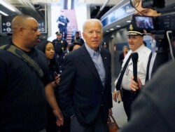 In this April 25, 2019, file photo, former Vice President and Democratic presidential candidate Joe Biden arrives at the Wilmington train station in Wilmington, Delaware.