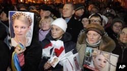 乌克兰反对党的支持者11月12日在乌克兰首都基辅举着前总理季莫申科的画像参加一个集会