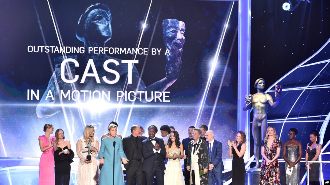Frances McDormand and the cast of "Three Billboards Outside Ebbing, Missouri" accept the award for outstanding performance by a cast in a motion picture at the 24th annual Screen Actors Guild Awards at the Shrine Auditorium & Expo Hall on Sunday, Jan. 21, 2018, in Los Angeles.