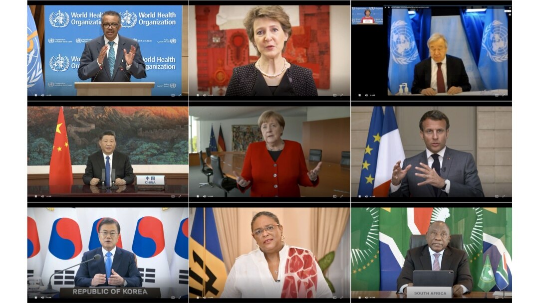 Pertemuan virtual Organisasi Kesehatan Dunia (WHO), 18 Mei 2020 (Paling kiri, atas: Dirjen Tedros Adhanom Ghebreyesus).