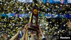 Connecticut Huskies players celebrate after defeating the San Diego State Aztecs in the national championship game of the 2023 NCAA Tournament in Houston, Texas, on April 3, 2023. Bob Donnan-USA TODAY Sports