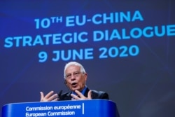 European High Representative of the Union for Foreign Affairs, Josep Borrell gestures during a video press conference on the 10th EU-China Strategic Dialogue, at the European Commission in Brussels on June 9, 2020.