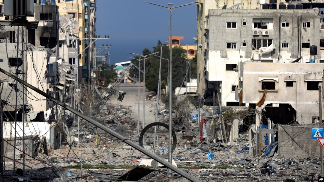 A damaged neighborhood following Israeli airstrikes on Gaza City, Oct. 23, 2023.