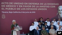 Presiden Meksiko Andres Manuel Lopez Obrador dalam rally di Tijuana, Meksiko, 8 Juni 2019.