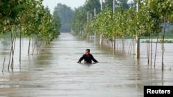 中国安徽王家坝地区的一名村民在被洪水淹没的道路上行走。（2020年7月10日）