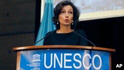 UNESCO'S Director-General Audrey Azoulay delivers a speech during the presentation of the website to counter Holocaust denial and anti-Semitism at the UNESCO headquartered in Paris, France, Nov. 19, 2018. 