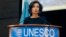 UNESCO'S Director-General Audrey Azoulay delivers a speech during the presentation of the website to counter Holocaust denial and anti-Semitism at the UNESCO headquartered in Paris, France, Nov. 19, 2018. 