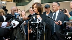 Former Baltimore mayor Catherine Pugh speaks to reporters after her sentencing hearing at U.S. District Court in Baltimore, Feb. 27, 2020. 