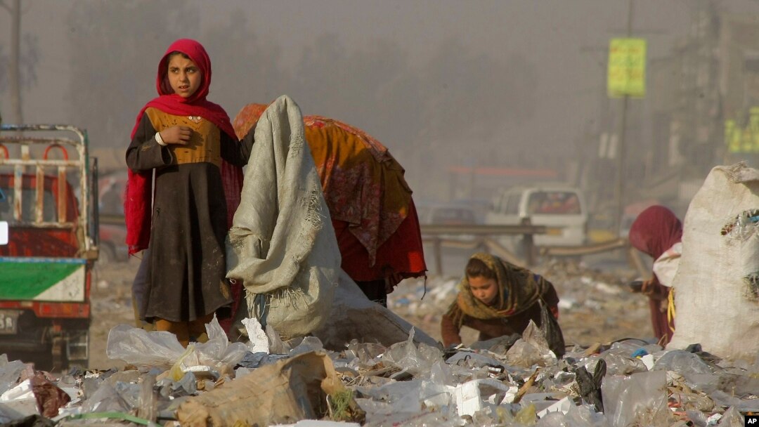 Các bé gái tị nạn người Afghanistan thu nhặt những thứ có thể tái chế từ một bãi rác để bán ở Peshawar, Pakistan, ngày 5 tháng 2 năm 2016.