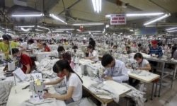 FILE - Laborers work at a garment factory in Bac Giang province, near Hanoi, Oct. 21, 2015.