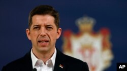 FILE - Serbian government official Marko Djuric speaks during a press conference in Belgrade, March 27, 2018. 