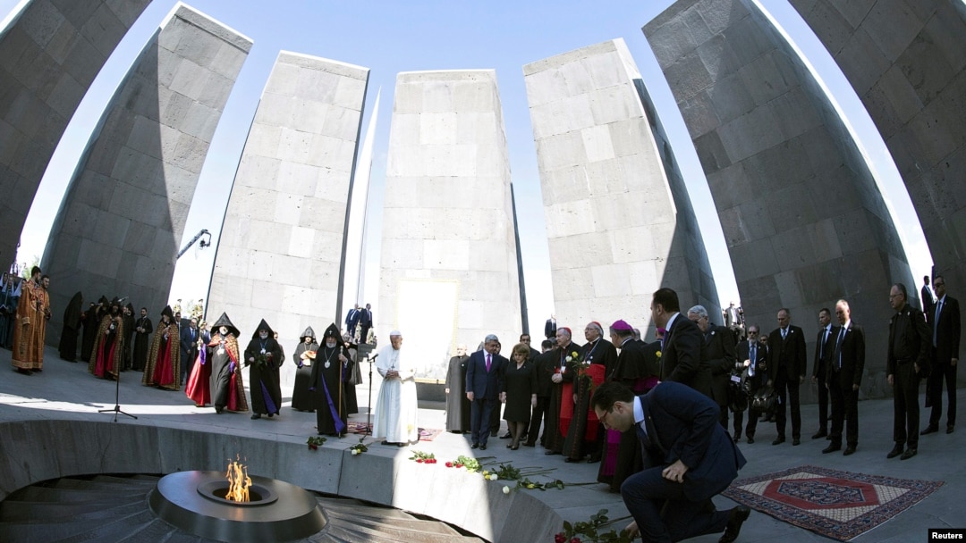 Pope Francis and Catholicos of All Armenians Karekin II attend a ceremony in commemoration of Armenians killed by Ottoman forces during World War I at the Tzitzernakaberd Genocide Memorial and Museum in Yerevan, Armenia, June 25, 2016. 