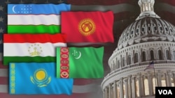 A picture illustration shows the flags of Kazakhstan, Kyrgyzstan, Tajikistan, Turkmenistan and Uzbekistan alongside an image of the U.S. Capitol dome. 
