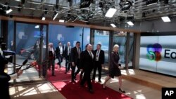 U.S. Secretary of State Mike Pompeo, center, arrives for a meeting of the US and the E3 at the Europa building, May 13, 2019. 